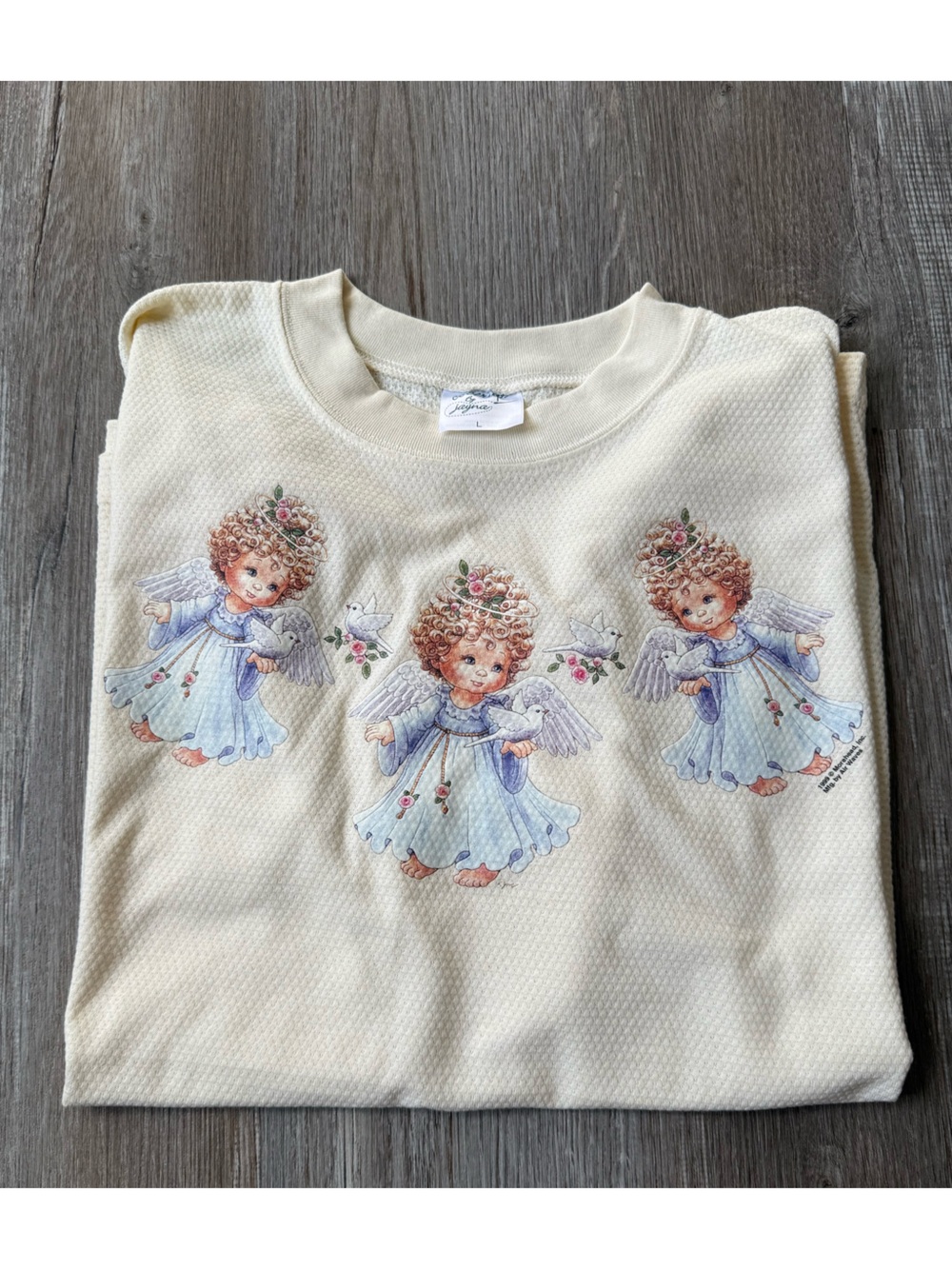 VTG 1999 Triple Angel Cherubs Dove Tshirt Made In USA Beige Cream Cottage Core L